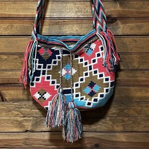 Handmade Wayuu Crochet Drawstring Tote Bag Purse Medium Size Tribal Crossbody